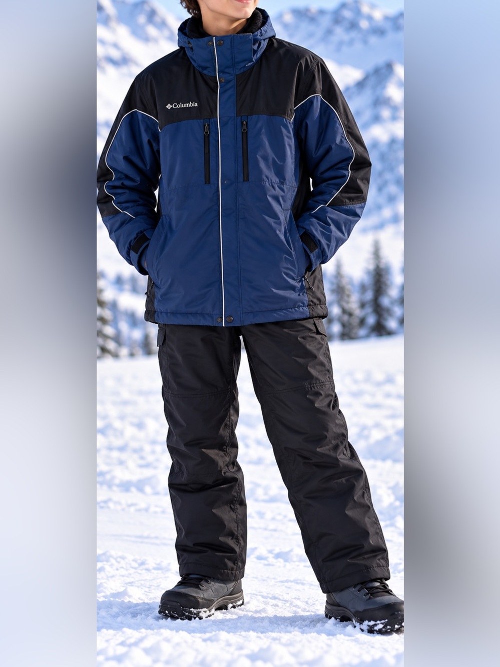 Columbia Youth 18/20 Winter Jacket Blue Black Insulated Fleece Collar